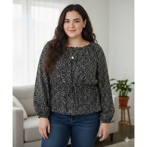 Universal Thread Womens XXL Black White Abstract Print Peplum Blouse Long Sleeve